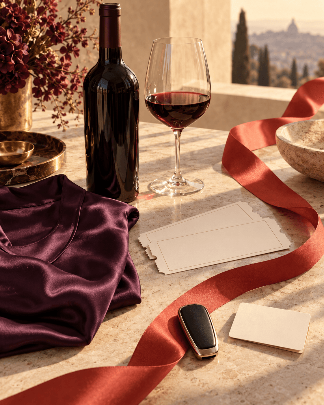 Wine, concert tickets, an aubergine silk top and a car key arranged as an editorial still life